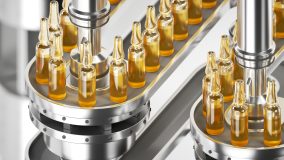 3d render illustration. Pharmaceutical production of glass ampoules filled with vaccine moving on an automatic conveyor line. Sterile manufacturing process
